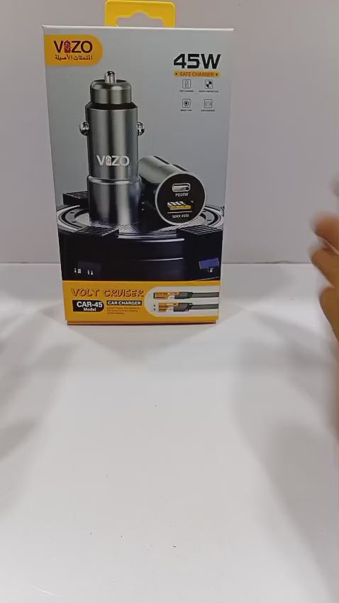 Car45 Volt Series – Dual Port Smart Car Charger (with V999 4-in-1 Cable) | Car Charger – Portable Charger For Car | Vizo Car Charger | Vizo Car45