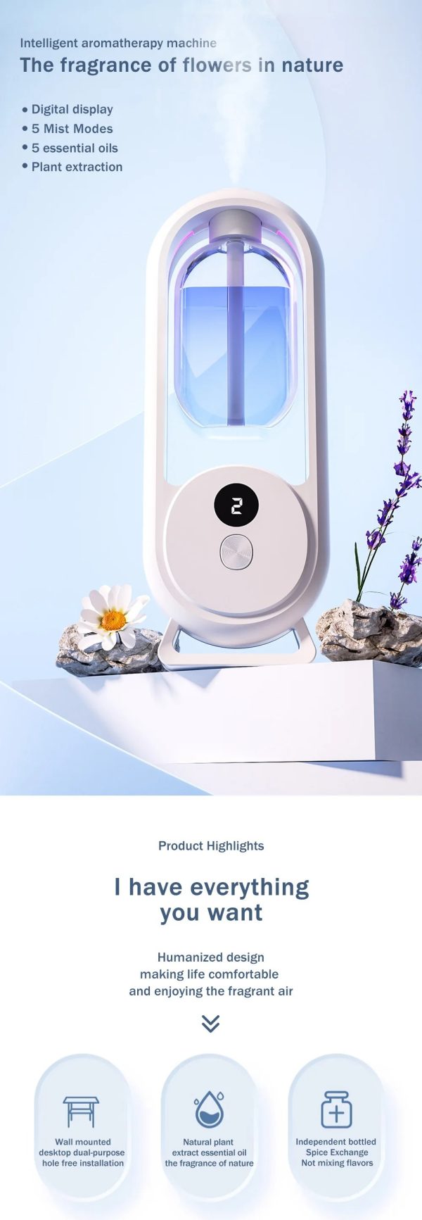 Rechargeable 5-mode Aromatic Diffuser – Timed Essential Oil Air Freshener For Bedroom, Living Room & Bathroom 50ml